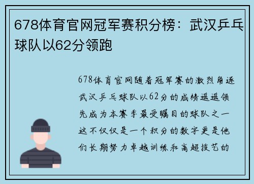 678体育官网冠军赛积分榜：武汉乒乓球队以62分领跑