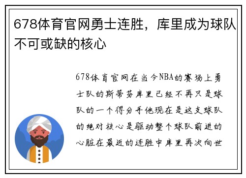 678体育官网勇士连胜，库里成为球队不可或缺的核心