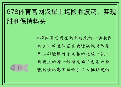 678体育官网汉堡主场险胜波鸿，实现胜利保持势头